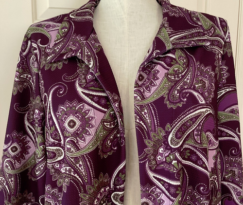 Slinky Brand Women Size 1X Long Cardi Jacket Purple Paisley 3/4 Slv - Made USA - Picture 3 of 7