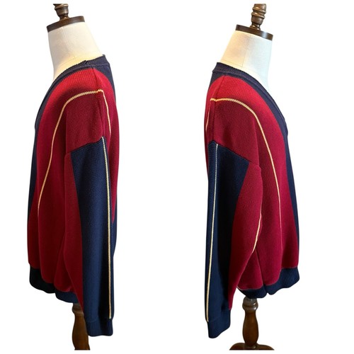 Vintage 90er Color Block Pullover Gr. XL gestreift marine rot V-Ausschnitt Preppy Rugby - Bild 4 von 9