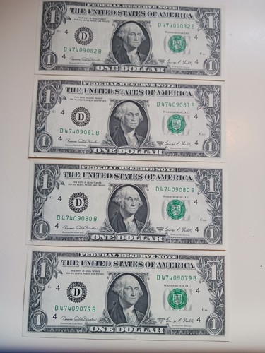 1969 D $1.00 Federal Reserve Notes (4) Consecutive Serial Numbers - Choice UNC