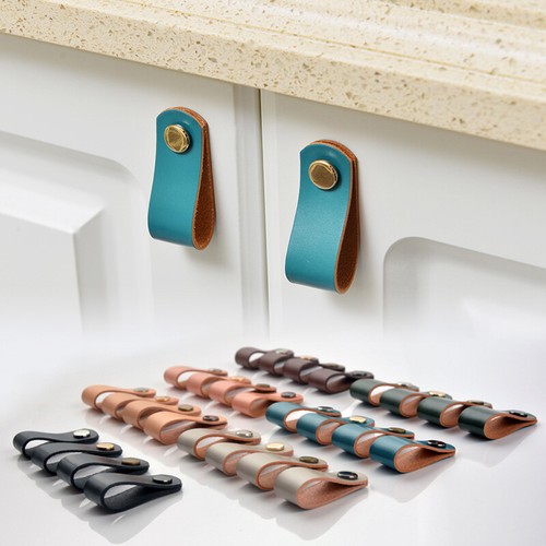 6X Genuine Leather Cabinet Pulls Handle Door Cupboard Drawer Desk Knob Furniture - Picture 5 of 49