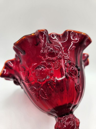 Antiguo Compote de Borde con Volantes Vidrio Rosa Rojo Rubí Fenton - Imagen 6 de 8