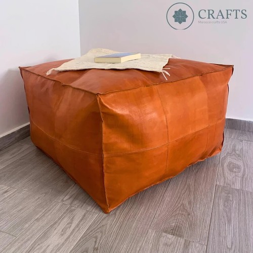Moroccan Leather Ottoman Pouffe Boho Unstuffed New Footstool Genuine Brown 30'' - Picture 8 of 9