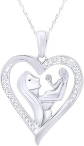 Authentic Natural Diamond Mother & Child Heart Pendant 18" Necklace 925 Sterling Silver