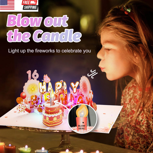 3D Pop up Birthday Cards for Women, Musical Happy Birthday Cards with Blowable C - Picture 3 of 7