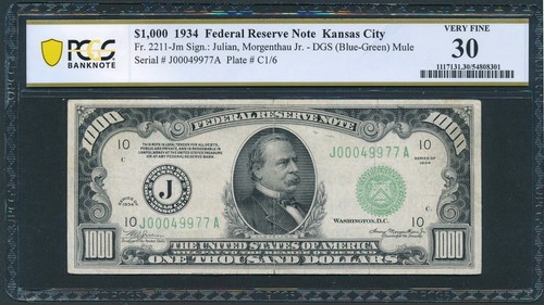 1934 $1000 One Thousand Dollar Bill Currency Scarce KC Note PCGS-B VF 30 Comment