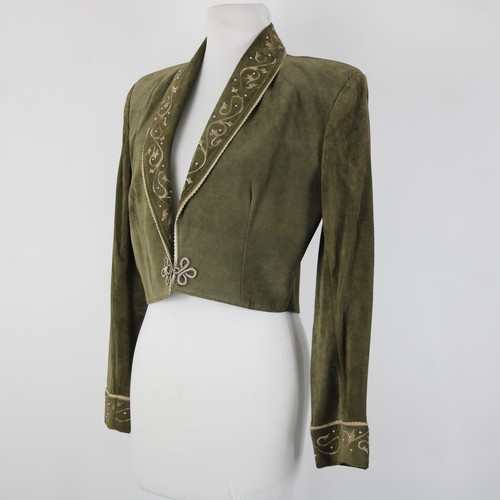 Patricia Wolf Sz S Green Tan Silver Studs Collared Lined Suede Polyester Jacket - 第 4/12 張圖片