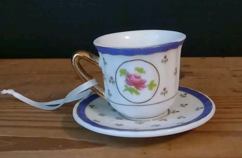 VINTAGE PORCELAIN MINI CUP AND SAUCER CHRISTMAS ORNAMENT ROSE DESIGN