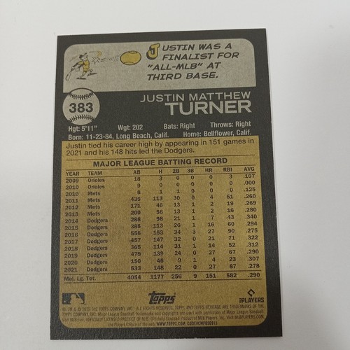 2022 Topps Heritage #383 Justin Turner Los Angeles Dodgers - Picture 2 of 2