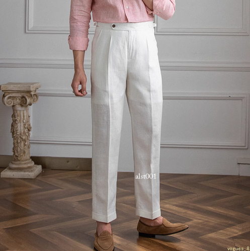 Italian Men100% Linen Naples Trousers Pants High Waist Dress Pant Breathable Hot - Picture 10 of 28