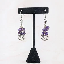b17f  Pentagram & Amethyst Earrings Jewelry Wican Gothic Goth gift oddity