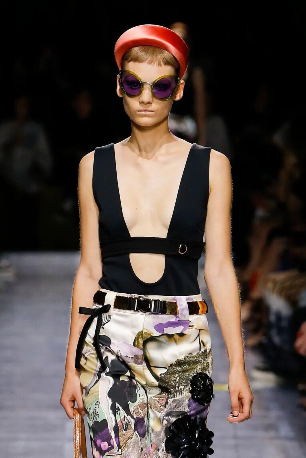 PRADA S/S 2019 RUNWAY Black Wool Blend Plunge Bodysuit Romper IT38/US4 NWT