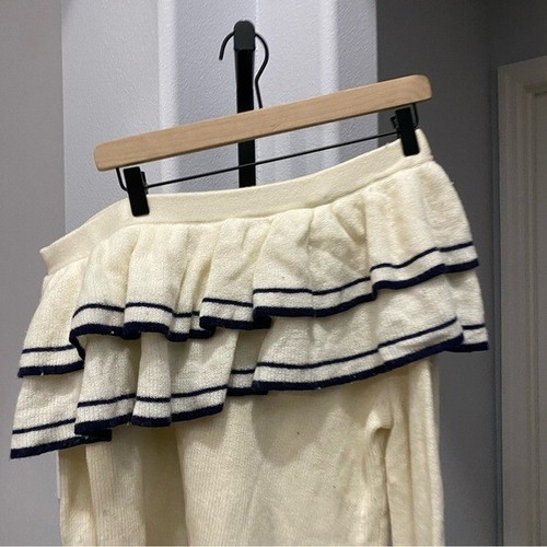 FRAME ONE SHOULDER WOOL RUFFLE SWEATER STRIPE Size Large Preppy Ivory Blue - Picture 3 of 8