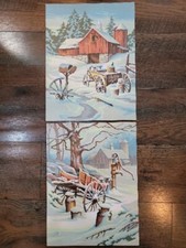 barn winter snow country Painted Set of 2 Pbn Paint By Number Completed 16x12"