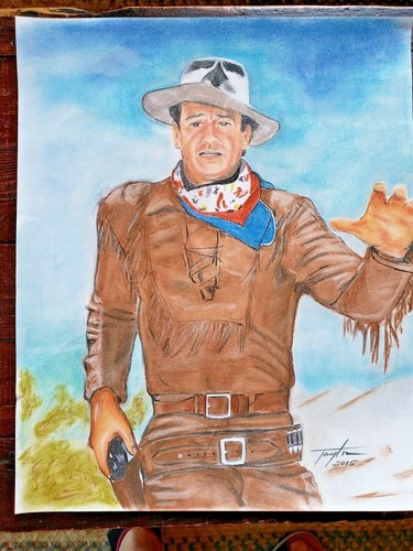 John Wayne Portrait Original Drawing Artwork Signed Taylor Movie Stars Cowboy - Picture 1 of 5