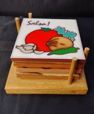 Vintage Retro MCM Hand Painted Ceramic Tile Coaster Set Of 4 With Coaster Holder