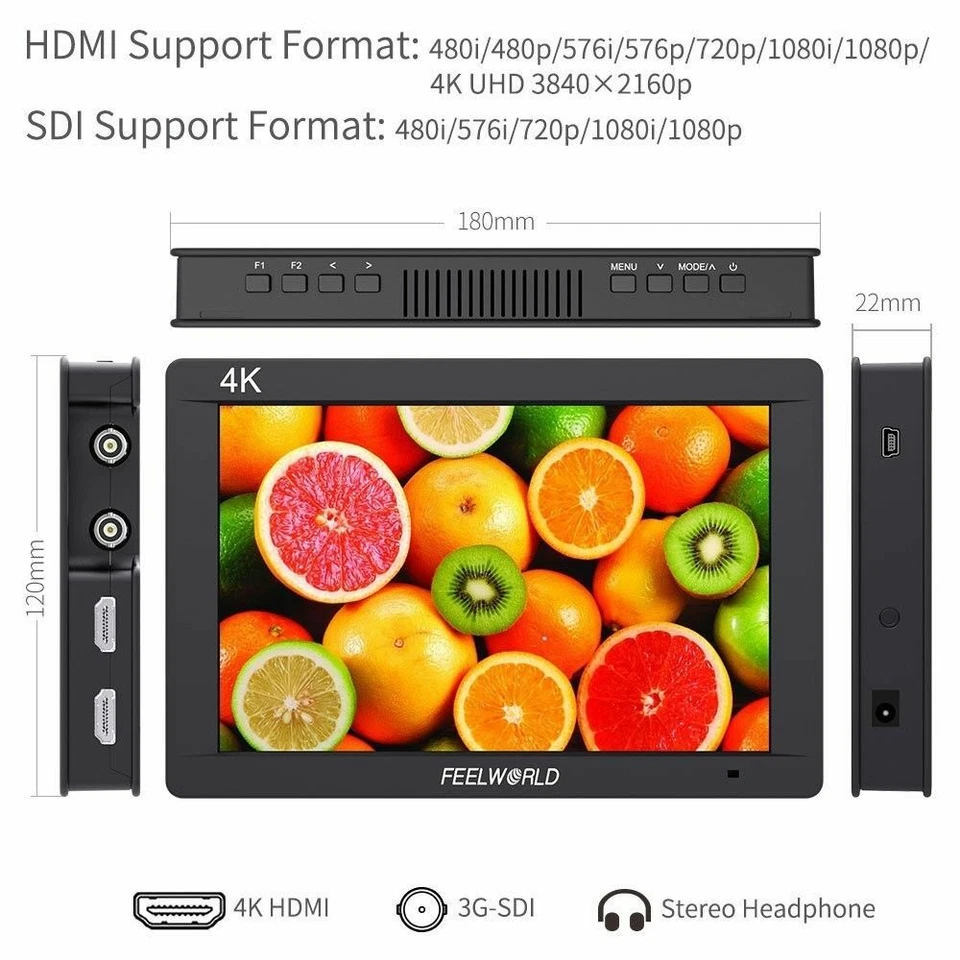 FEELWORLD FW703 7" Inch 3G SDI 4K HDMI On Camera Field Video HD Monitor For DSLR - Изображение 4 из 4