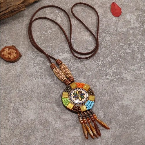 Vintage Boho Stil Perlen Quaste Anhänger Halskette & Ohrring Set - Bild 3 von 4