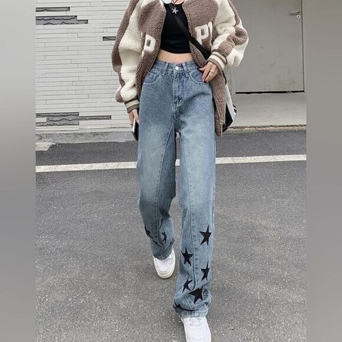 High-Waisted Light Blue Jeans With Black Star Print Womens Streetwear Style S - Picture 3 of 10