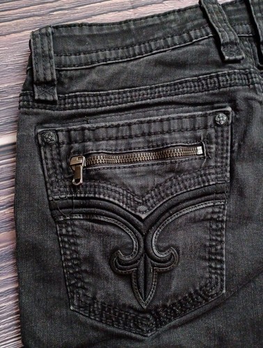 ROCK REVIVAL NEWT SZ 38W×15L BLACK MOTO EMBROIDERED BUTTON POCKETS SHORTS EUC - Picture 4 of 17