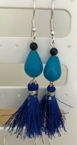 Blue Tassel & Stone Bead Dangle Earrings on Silver Plated Wires - Picture 13 of 30