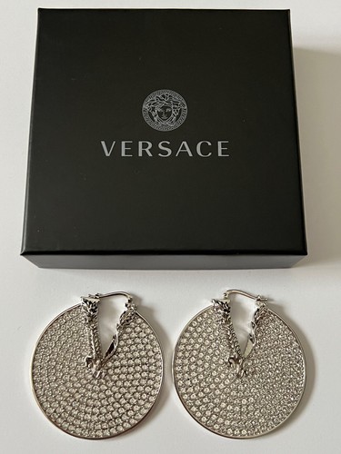 NIB Versace Virtus V Logo Baroque Crystal Silver Round Medallion Drop Earrings - Picture 2 of 24