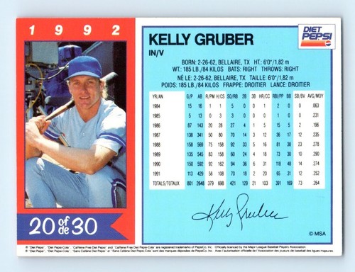1992 Diet Pepsi Kelly Gruber Toronto Blue Jays #20 - Picture 2 of 2