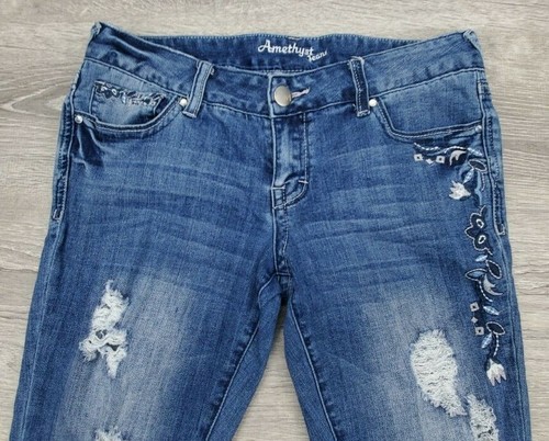 AMETHYST Bethany Girls Youth Size 7 Blue Distressed Embroidered Denim Blue Jeans - Picture 3 of 10