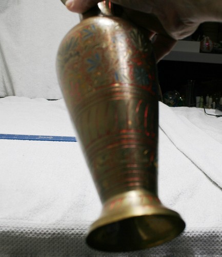 Vintage Brass Vase Etched Colored Made in India 12" - Picture 8 of 11