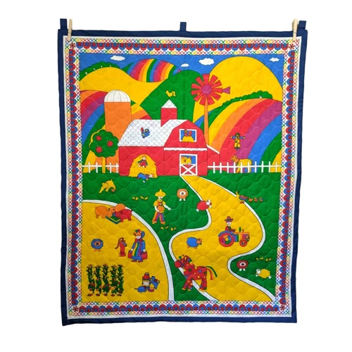 Vintage 80's Rainbow Farm Crib Quilt Wall Hanging Baby Nursery Decor Polka Dots