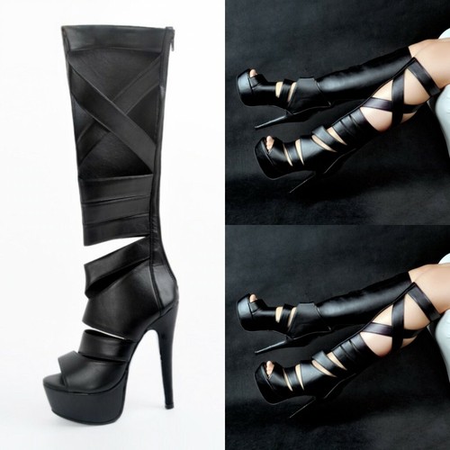 Women Knee High Thigh Boots Peep Toe Stiletto Heel Clubwear Shoes EUR Size 34-47 - Picture 3 of 13