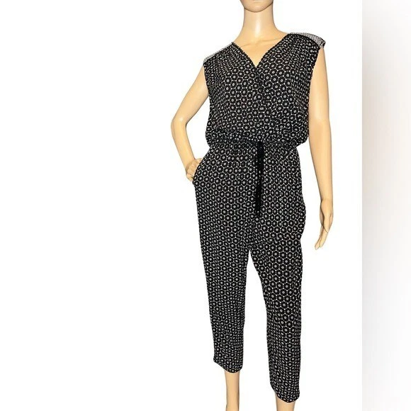 Max Studio Geometric Print Sleeveless Cinched Waist Jumpsuit Black Size Small - Image 2 of 4