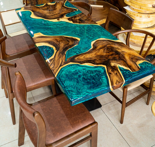48"x24" Personalize Green Epoxy Resin Dining Tabletop Wooden Live Edge Furniture - Picture 5 of 13