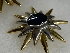 Liz Claiborne Cresent Moon & Sun Pin Brooch 2" silver gold blue color vintage