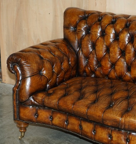 VICTORIAN SERPENTINE FRONTED HAND DYED RESTORED BROWN LEATHER CHESTERFIELD SOFA - Picture 3 of 20