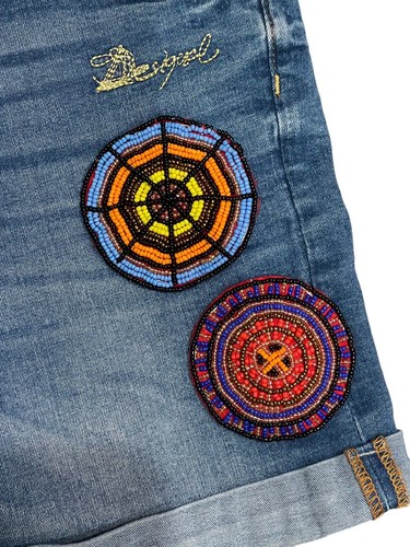 Desigual Denim Exotic Jean Shorts Size 28 Embroidery Buttons Tassels Distressed - Picture 3 of 9