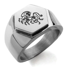Stainless Steel Odin's Sleipnir Horse Symbol Mens Hexagon Crest Signet Ring