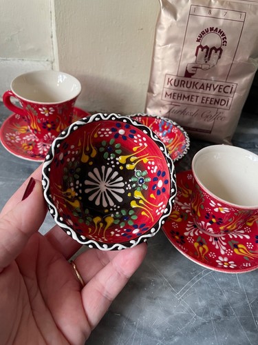Radiant Red Duo Coffee Set: Floral Cups and Bowls with Turkish Coffee - Picture 11 of 12