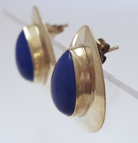 Vtg SW Sterling Silver Tear Drop Blue Stone Earrings Posts Handmade Signed 1" L - Picture 10 of 17