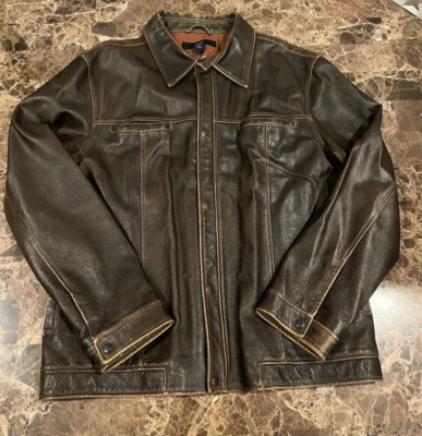 Vintage GAP Leather Jacket Mens (XL) Brown Distressed Y2K