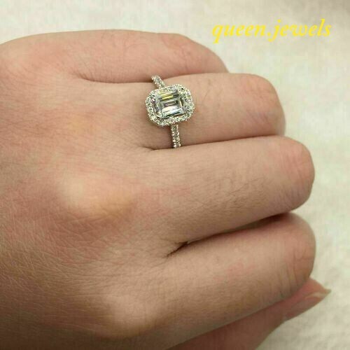 Lab-Created 2,57 kt Smaragdschliff VVS1 Diamant Halo Ehering 14 K Weißgold FN - Bild 5 von 6