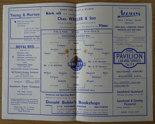 SOUTHEND V QPR RES 1950/1 Football Combination - Picture 2 of 3