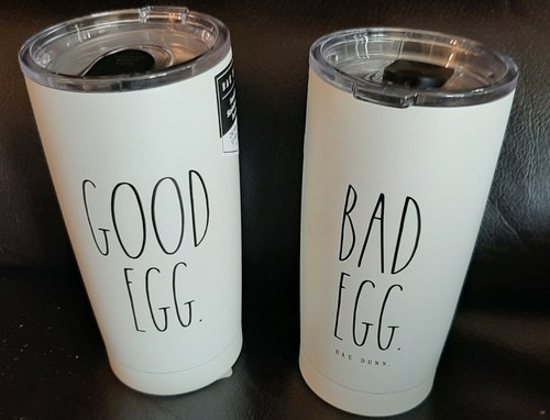 NEW Rae Dunn COFFEE Travel Mug Insulated Cup Easter GOOD EGG / BAD EGG 17 oz - Picture 1 of 3