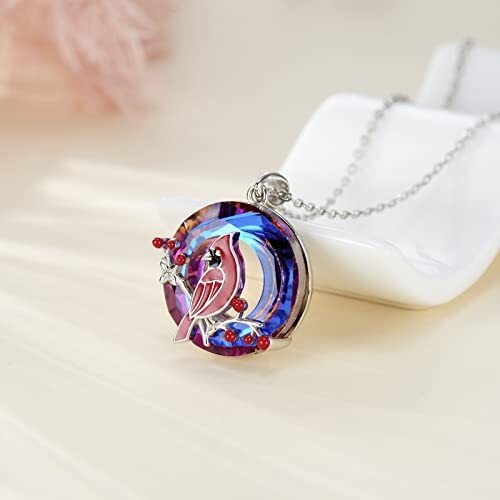 Cardinal Red Bird Necklace Crystal Memorial Pendant Gifts 925 Sterling Silver - Bild 3 von 5