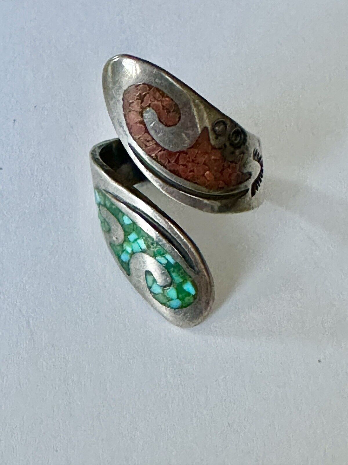 VTG Sterling Silver Navajo Turquoise & Coral Inla… - image 2