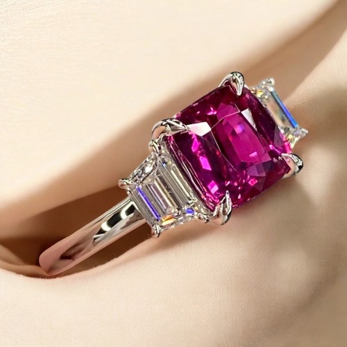 950 Platinum 2.60 Ct Cushion Cut Lab Grown Pink Sapphire Gemstone Wedding Ring - Picture 6 of 9