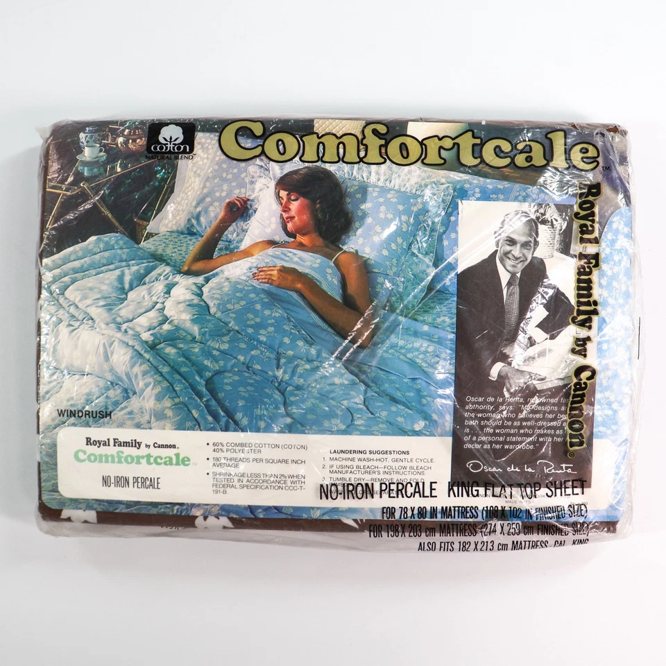 Sábana bajera plana vintage OSCAR DE LA RENTA Cannon Windrush KING AÑOS 70 NUEVA EN PAQUETE Foto 4 de 4