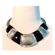 Vintage Choker Necklace Black Resin Hammered Silver Tone Metal Curved Length