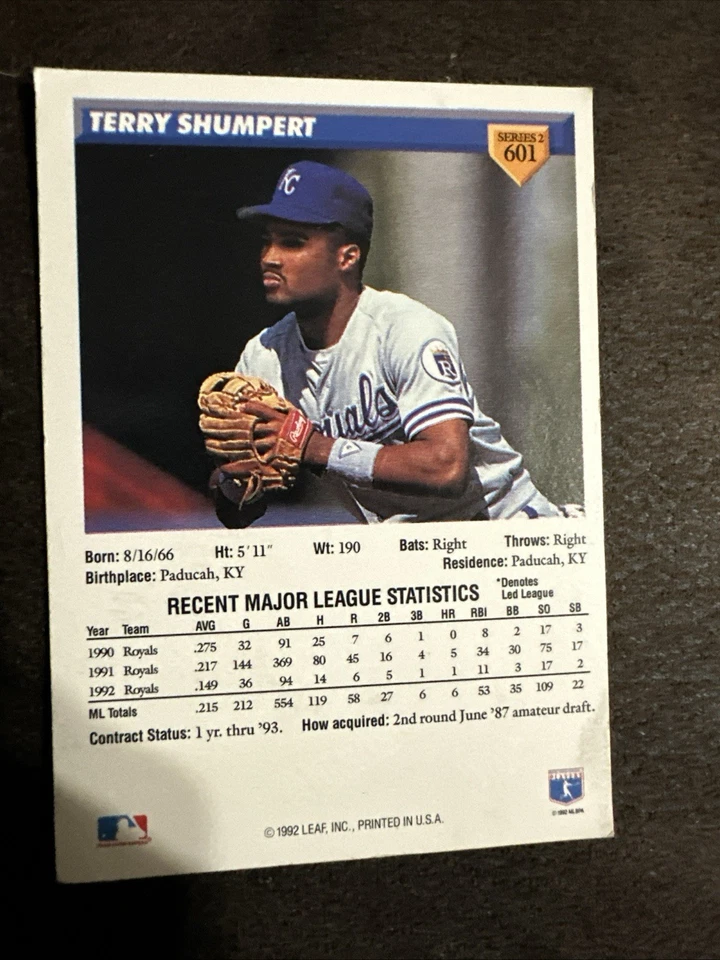 TERRY SHUMPERT ROYALS 1993 DONRUSS BASEBALL CARD #601 MLB Kansas City Royals - Image 2 of 2