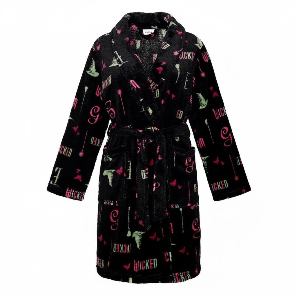 Wicked Girls Glinda and Elphaba Motifs Black Plush Soft Fleece Bathrobe, Robe
