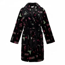 Wicked Girls Glinda and Elphaba Motifs Black Plush Soft Fleece Bathrobe, Robe